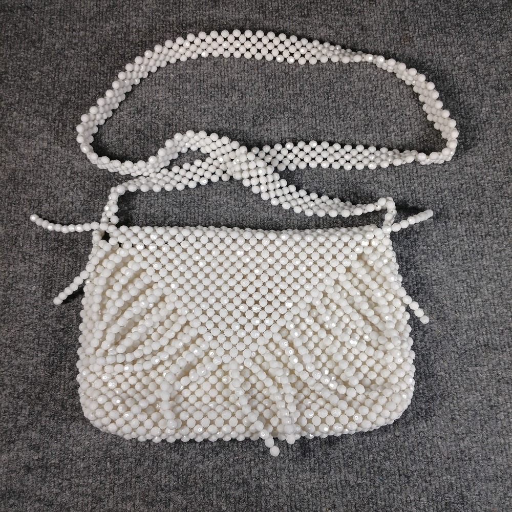 White Beaded Shoulder Bag Pearl Purse Y2K Retro Bouffants Hearts - Picture 3 of 7